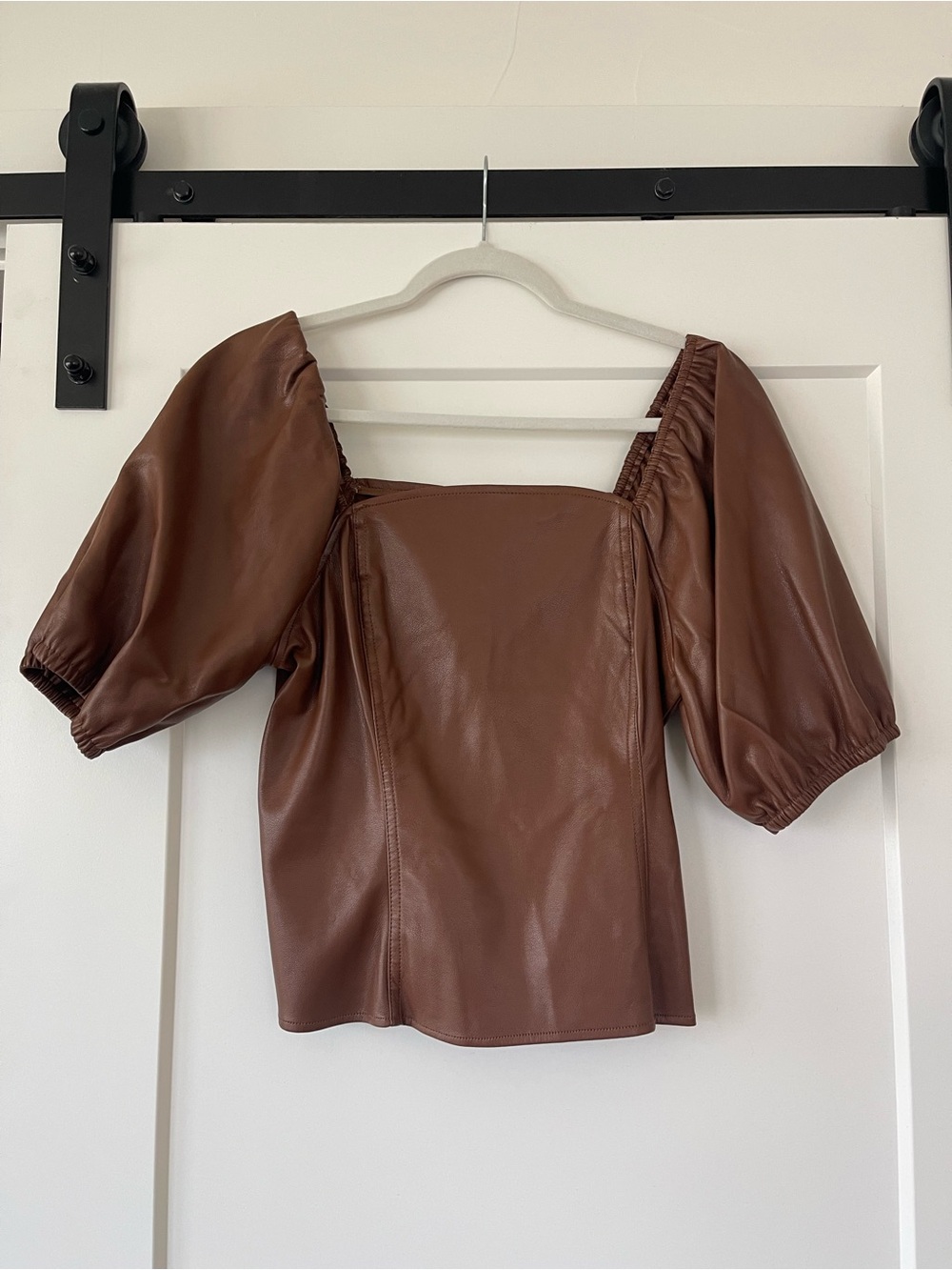 Brown Faux Leather Puff-Sleeve Top